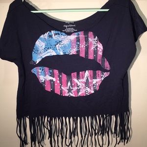 Patriotic Stars Stripes Lip Logo Fringe Crop Top